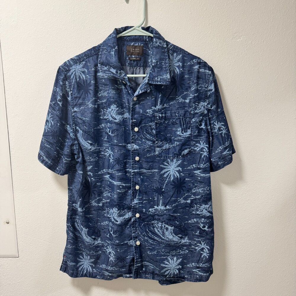 JACHS New York Men's L Short Sleeve Shirt Navy Tropical Palm Tree Print Tencel